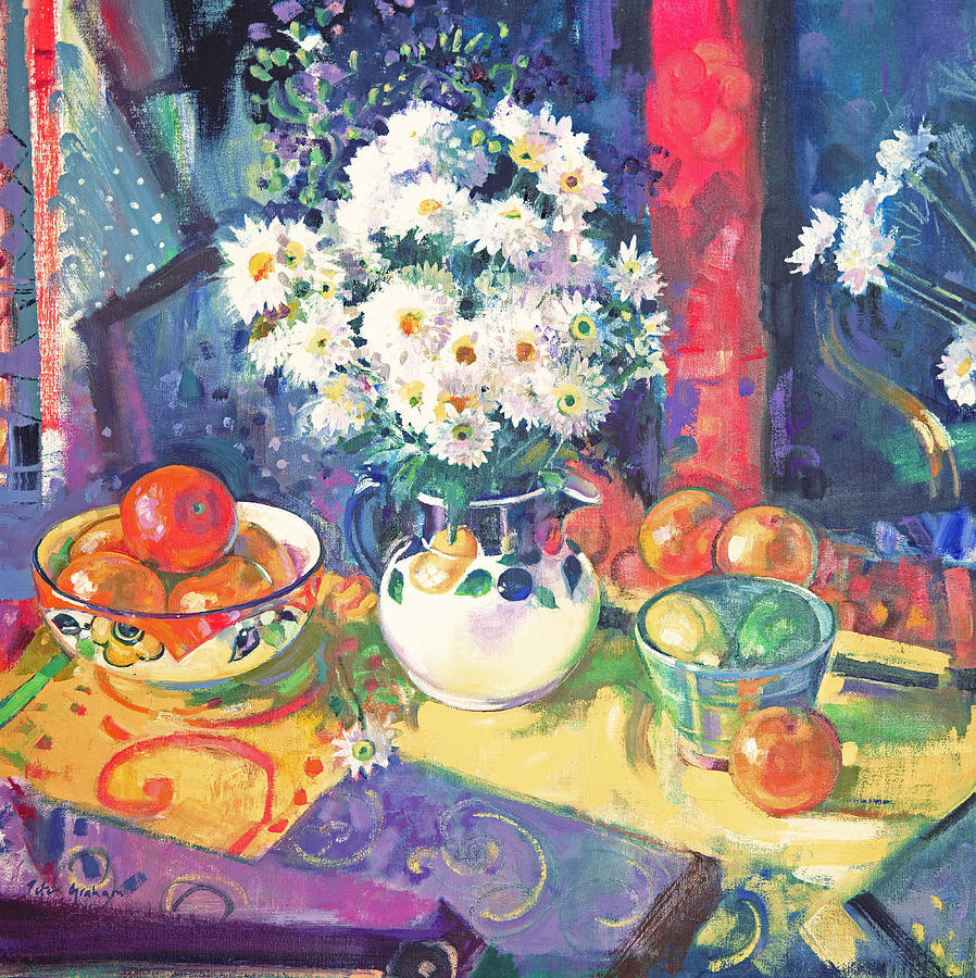Flowers and Fruit in a Green Bowl Painting by Peter Graham