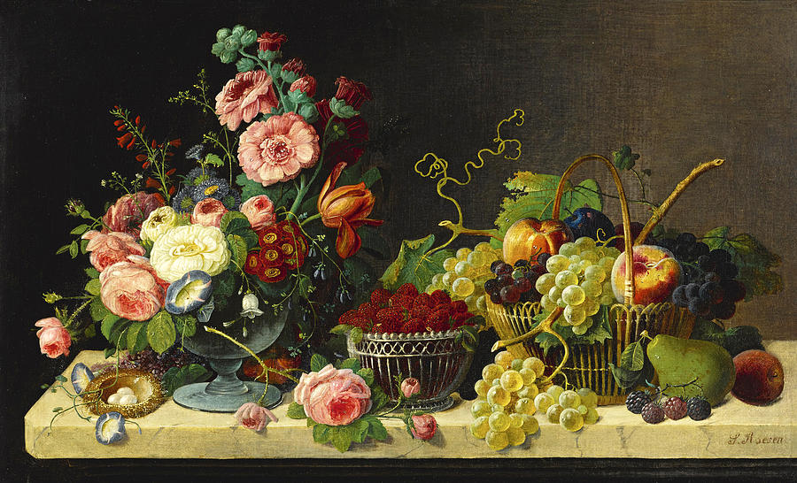 Severin Roesen Painting - Flowers and fruit by Severin Roesen