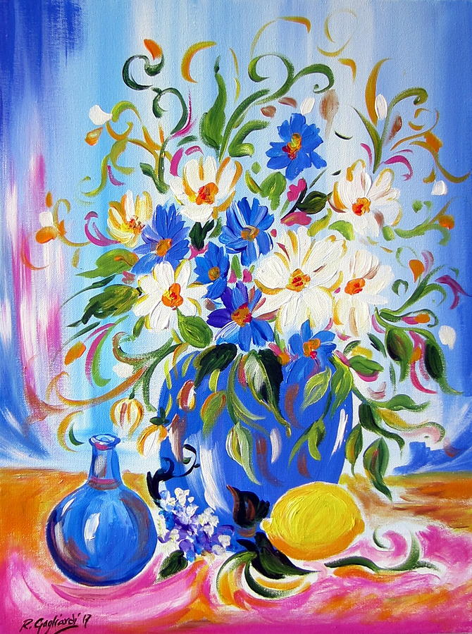 Flowers and lemon Painting by Roberto Gagliardi