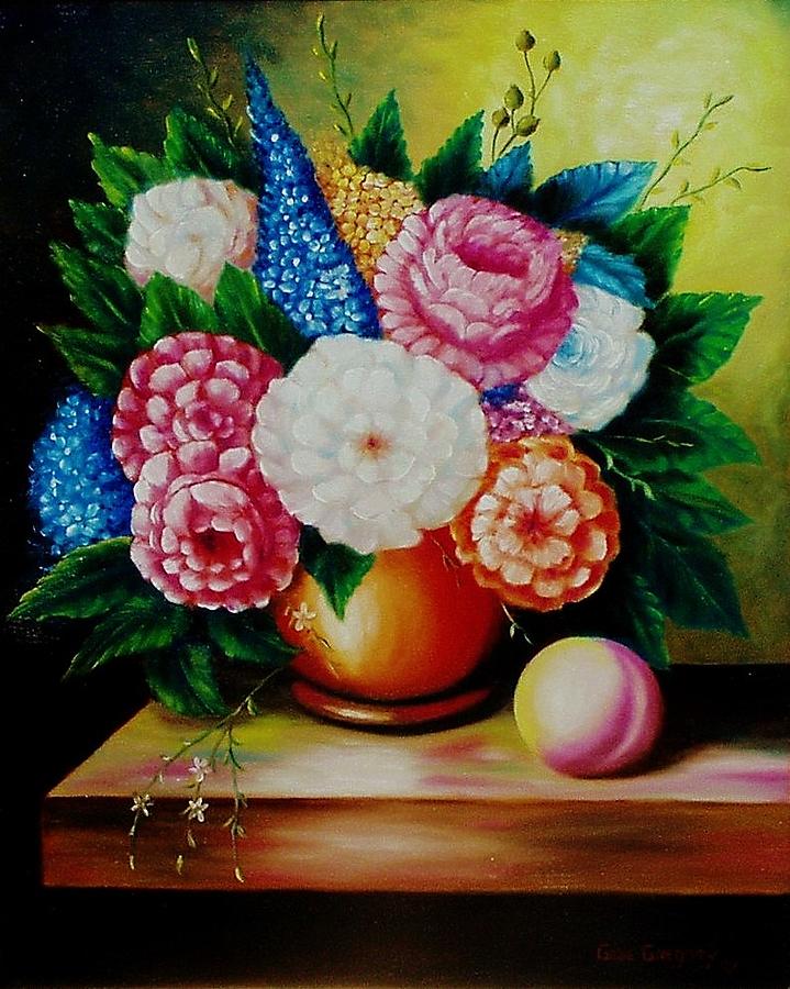 Flowers and peach Painting by Gene Gregory
