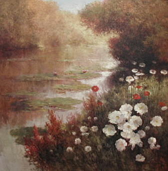 Flower Painting - Flowers and Pond by Jian Ye Liu