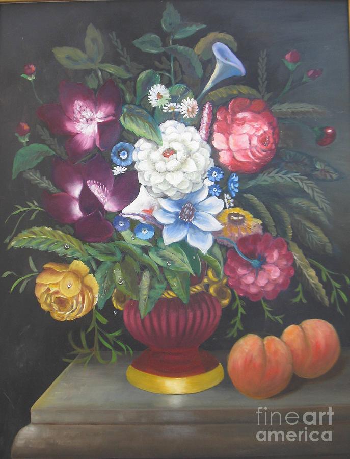 Flowers and two peaches Painting by Samuel Daffa