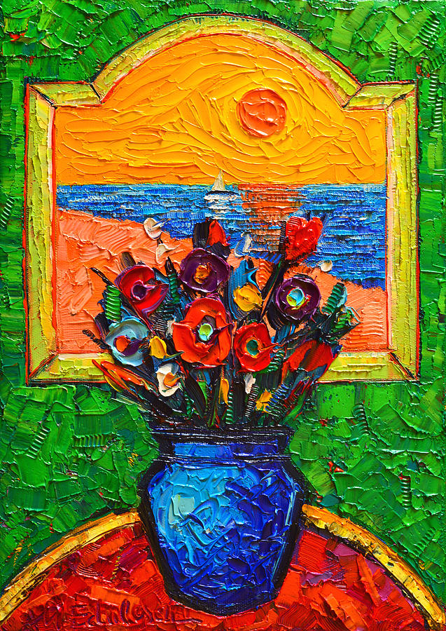 Flowers At Window By The Sea Modern Impressionist Palette Knife Oil Painting By Ana Maria Edulescu Painting by Ana Maria Edulescu
