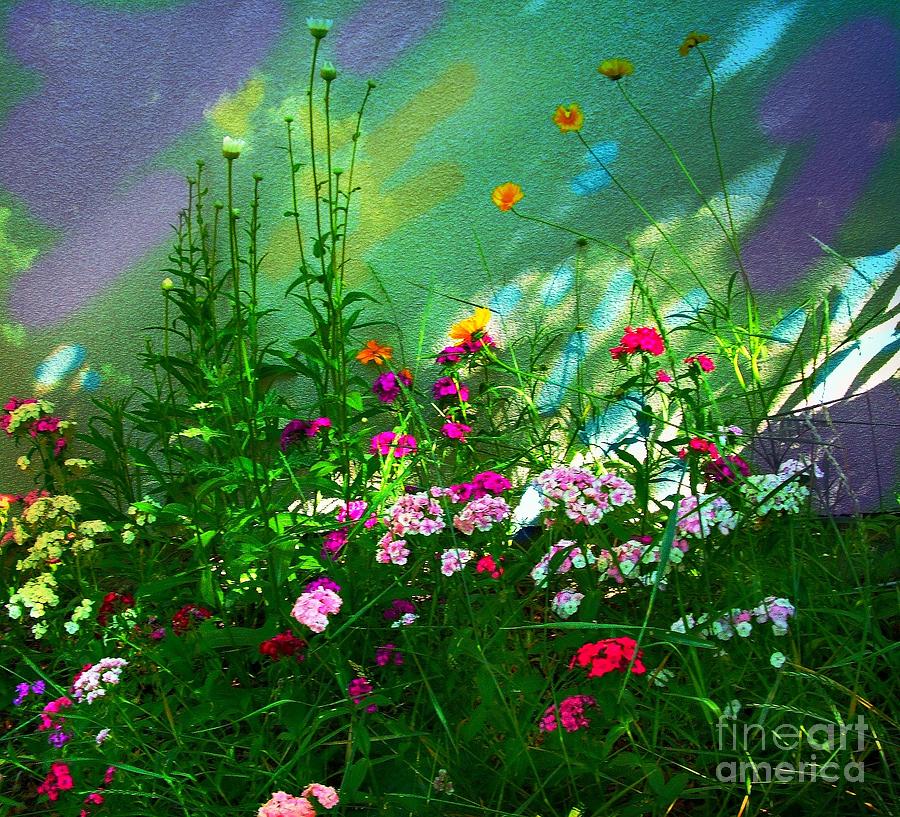 Flowers By Colorful Wall Digital Art by Annie Gibbons