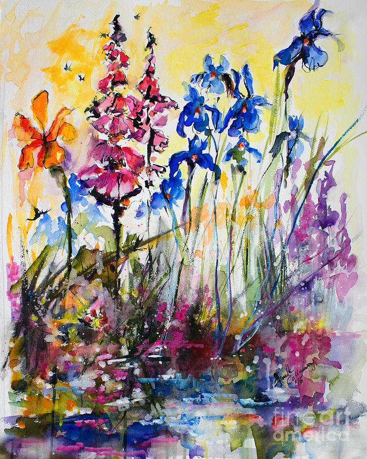 Flowers by the Pond Blue Irises Foxglove Painting by Ginette Callaway