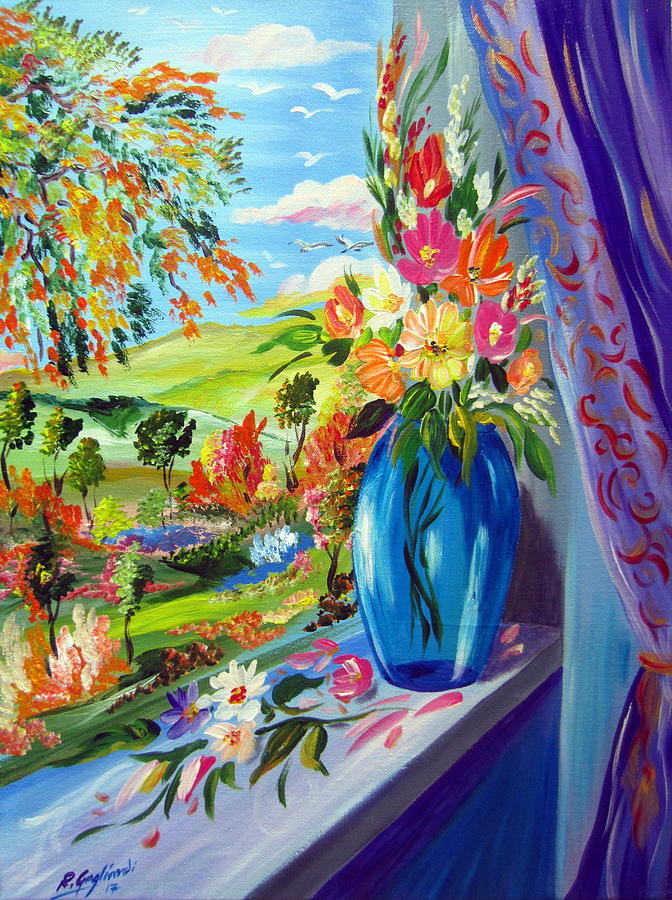 Flowers by the window Painting by Roberto Gagliardi