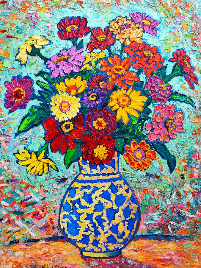 Flowers - Colorful Zinnias Bouquet Painting by Ana Maria Edulescu