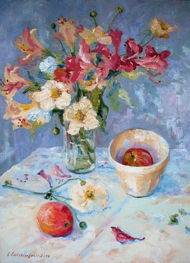 Flowers, fruit and mixing bowl Painting by Elinor Fletcher
