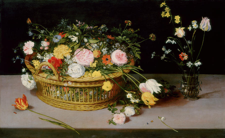 Flowers in a Basket and a Vase Painting by Jan Brueghel the Elder