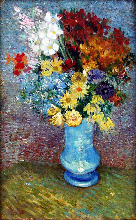 Flowers In A Blue Vase Painting By Van Gogh