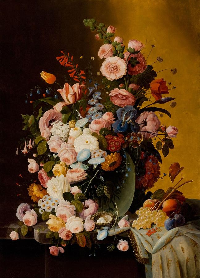 Flowers in a Glass Pitcher with Birds Nest and Fruit Painting by Severin Roesen