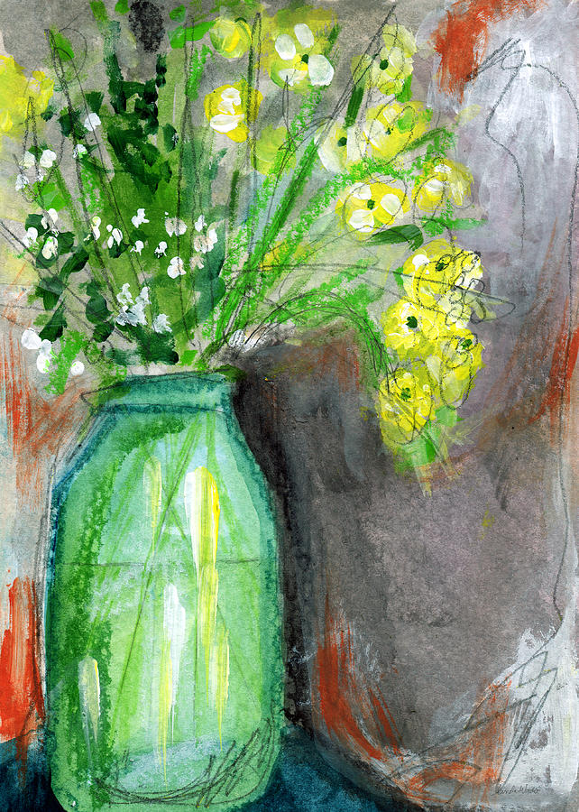 Flowers In A Green Jar- Art by Linda Woods Painting by Linda Woods