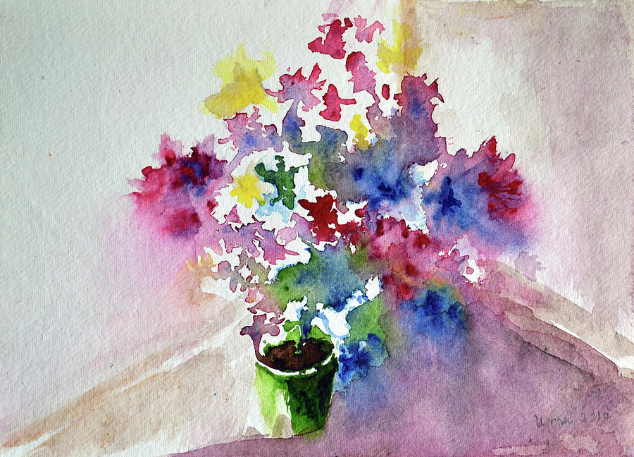 Flowers in a pot Painting by Uma Krishnamoorthy