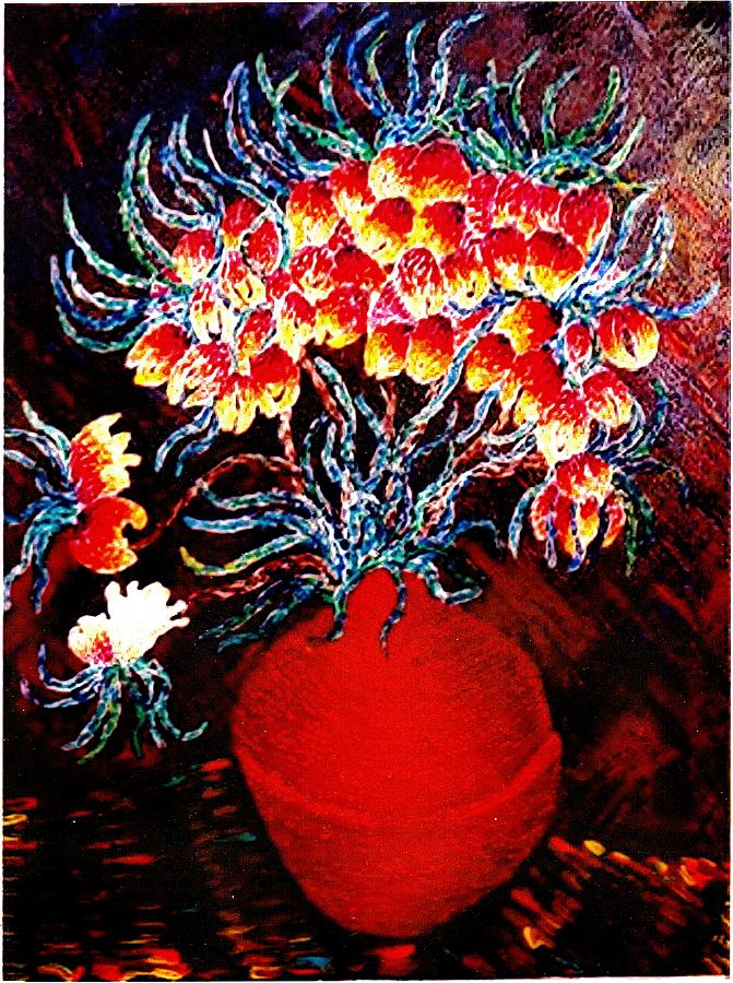 Flowers in a red vase Painting by Brenda Adams