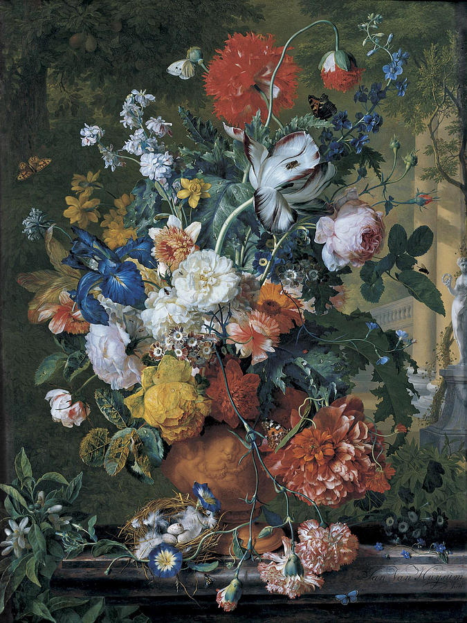 Flowers in a Terracotta Vase on a Marble Ledge Painting by Jan van Huysum