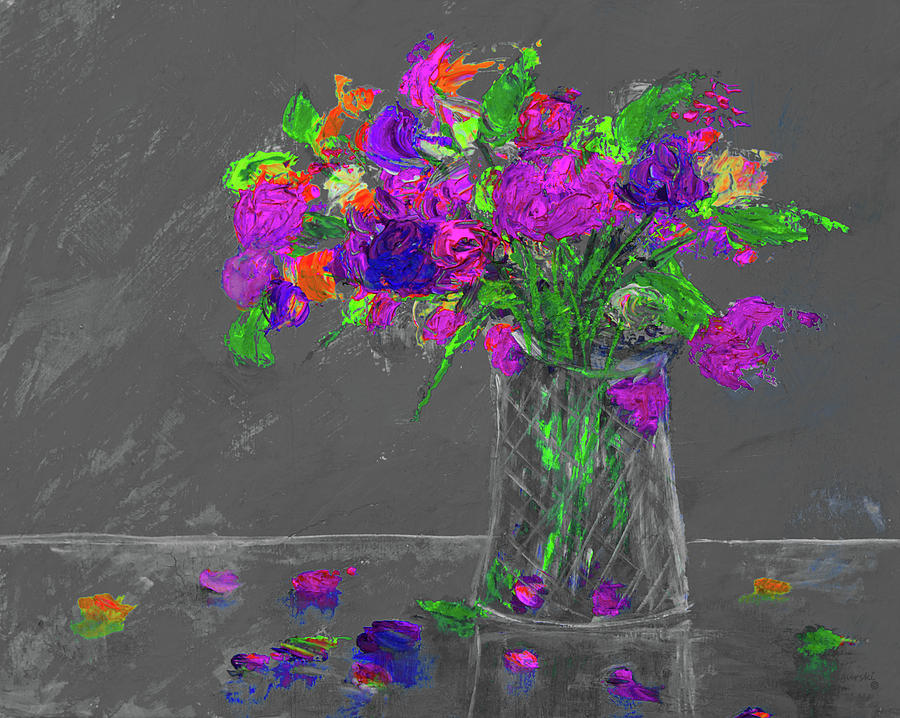 Flowers In A Vase Painting Grey Purple Painting by Ken Figurski