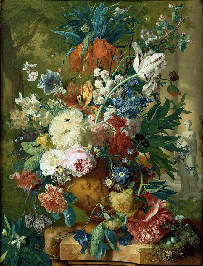Flowers in a Vase with Crown Imperial and Apple Blossom at the Top Painting by Celestial Images