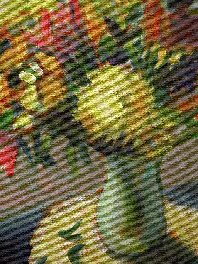 Flowers in an aqua vase Painting by Walt Maes