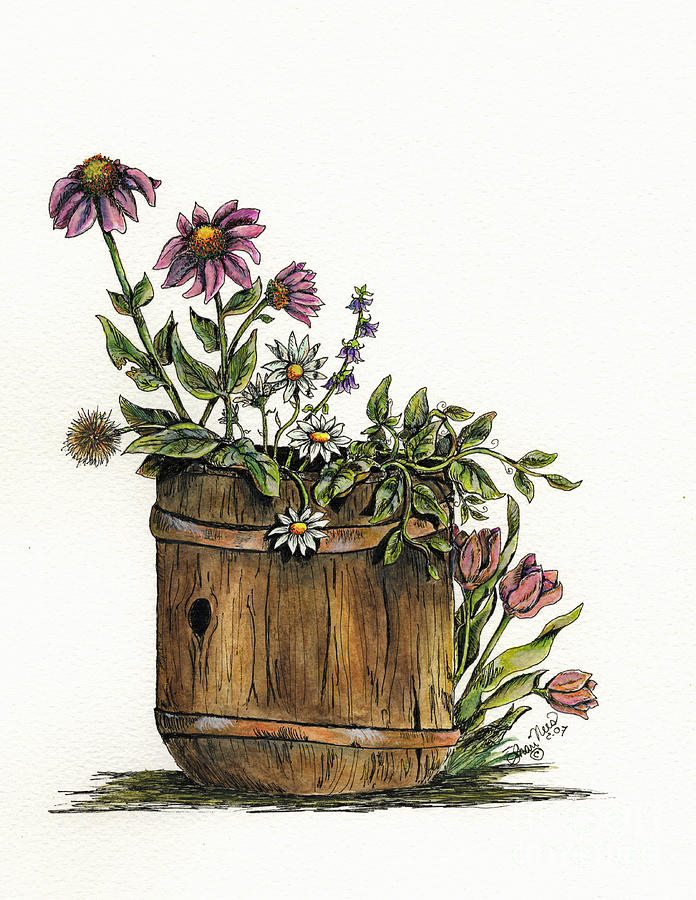 Flowers in Barrel Painting by Shari Nees