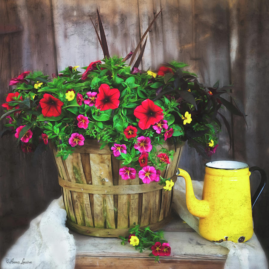Flowers in Basket and Old Yellow Pot Photograph by Anna Louise