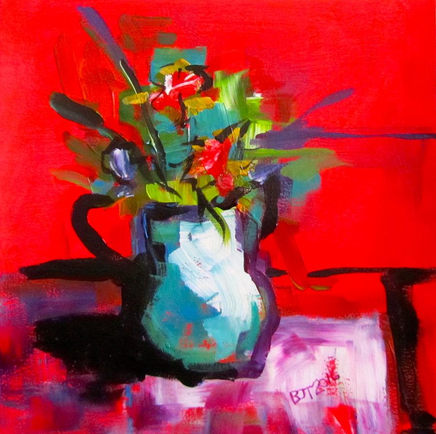 Flowers in Blue Green Pitcher Painting by Barbara OToole