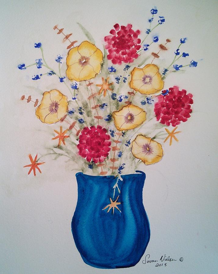 Flowers in blue vase 2 Painting by Susan Nielsen