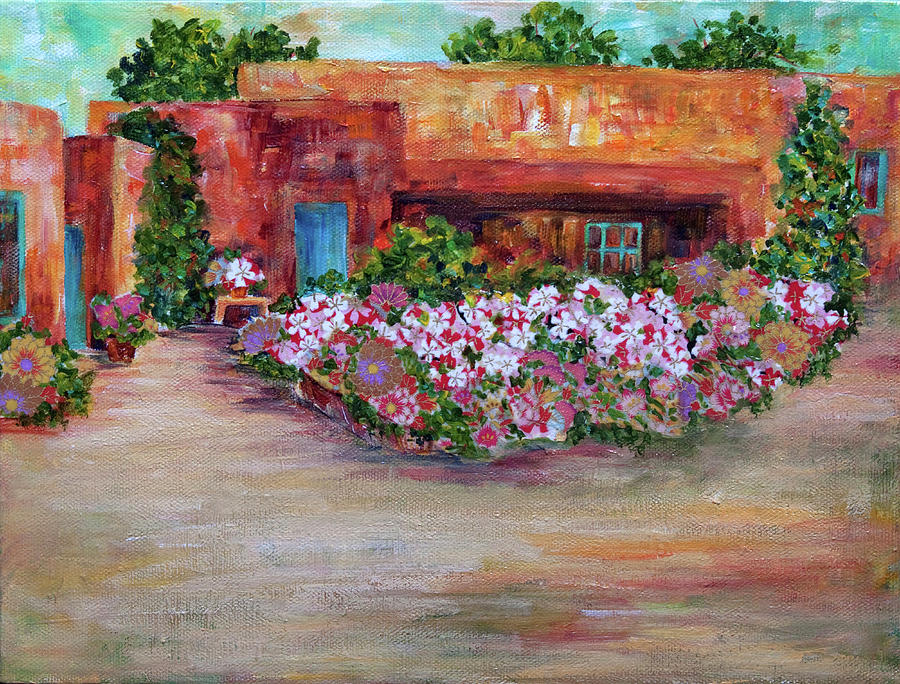 Flowers in Front of Adobe Painting by Sally Quillin