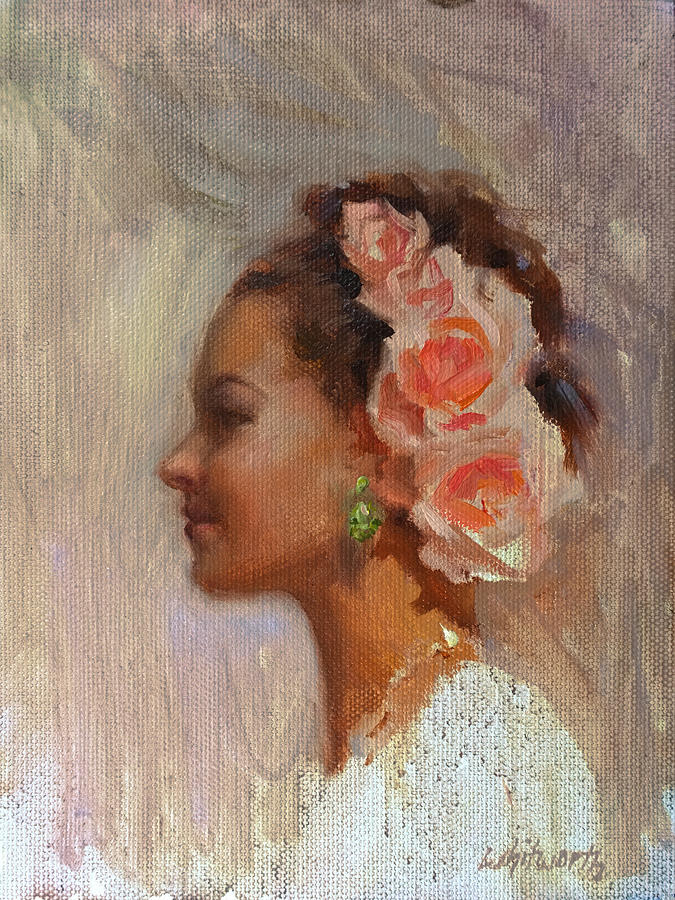 Vintage Painting - Pretty Flowers - Impressionistic Portrait of Young Woman by K Whitworth