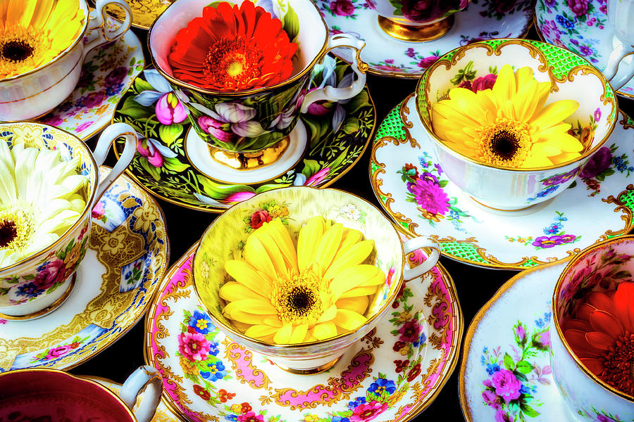 Tea Photograph - Flowers In Tea Cups by Garry Gay