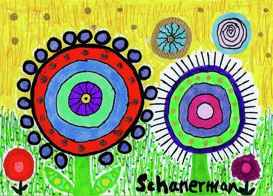 Flowers in the Round 2 Drawing by Susan Schanerman