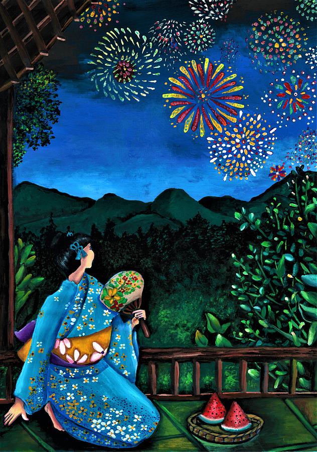Flowers in the sky - the summer night hanabi delight Painting by Tara Krishna