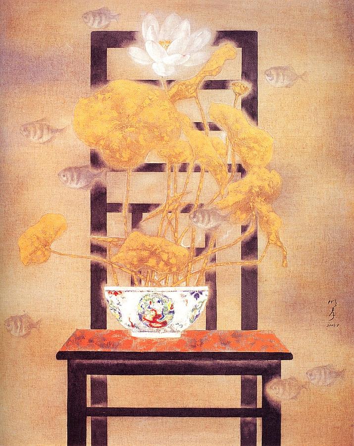 Chinese Artists Painting - Flowers in vase- lotus  by Minxiao