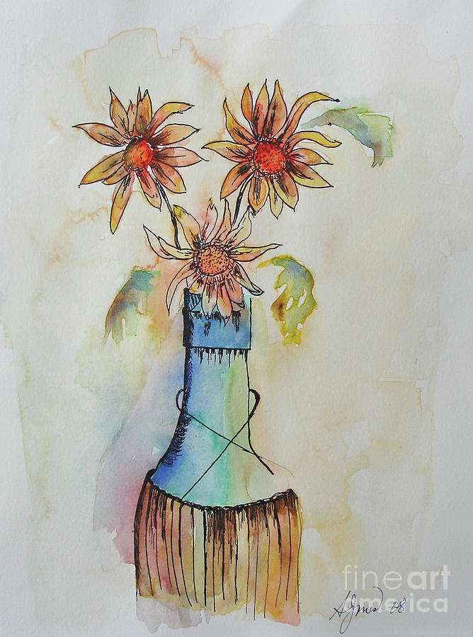 Flowers Painting - Flowers in Wine Bottle by Shelley Jones