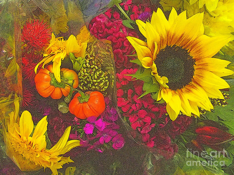 Sunflower Photograph - Flowers Of Fall - Sunflower And Baby Pumpkins - cropped by Miriam Danar