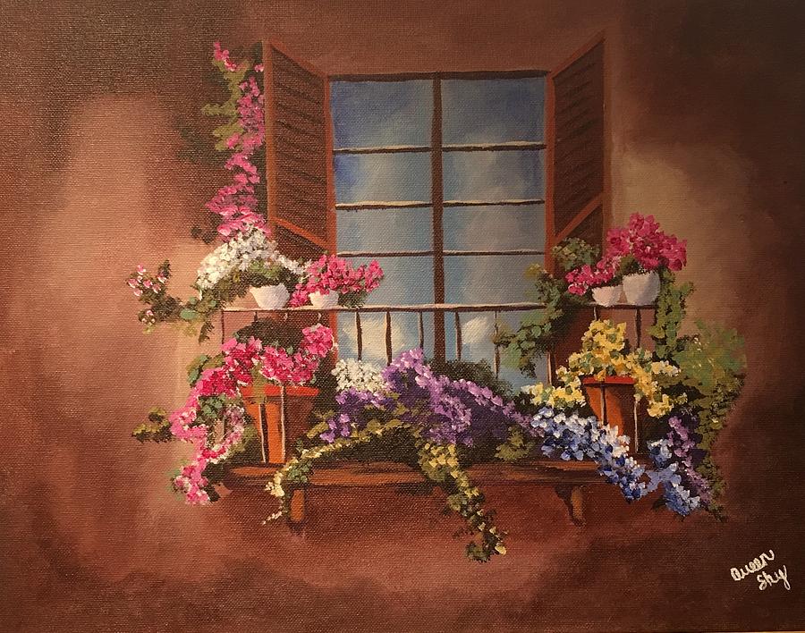 Flowers On A Balcony Painting by Queen Gardner