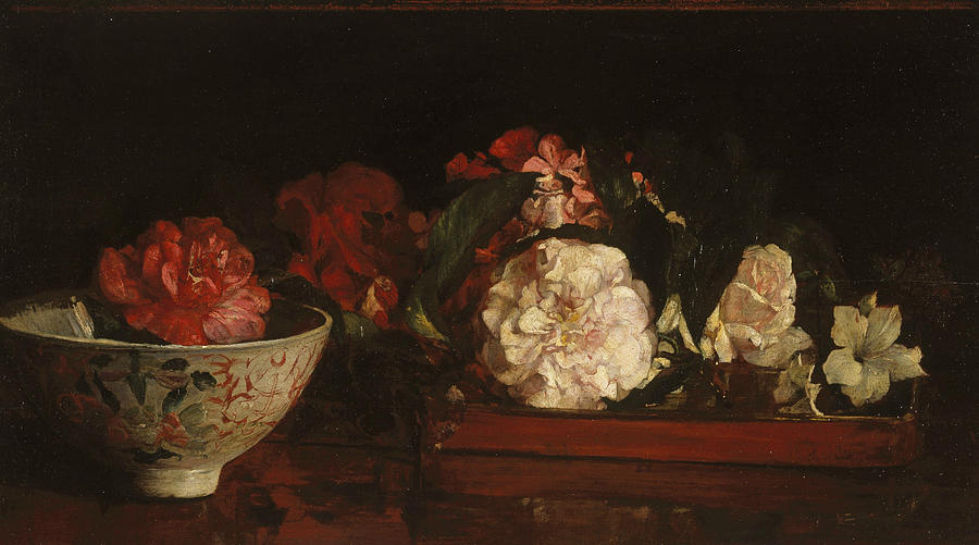 Flowers on a Japanese Tray on a Mahogany Table Painting by John La Farge