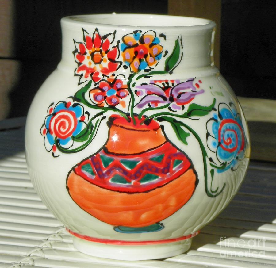 Flowers on a pot Ceramic Art by Lisa Dunn