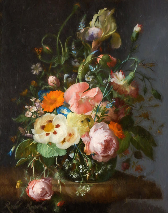Flowers on a Table Top 2 Mixed Media by Rachel Ruysch
