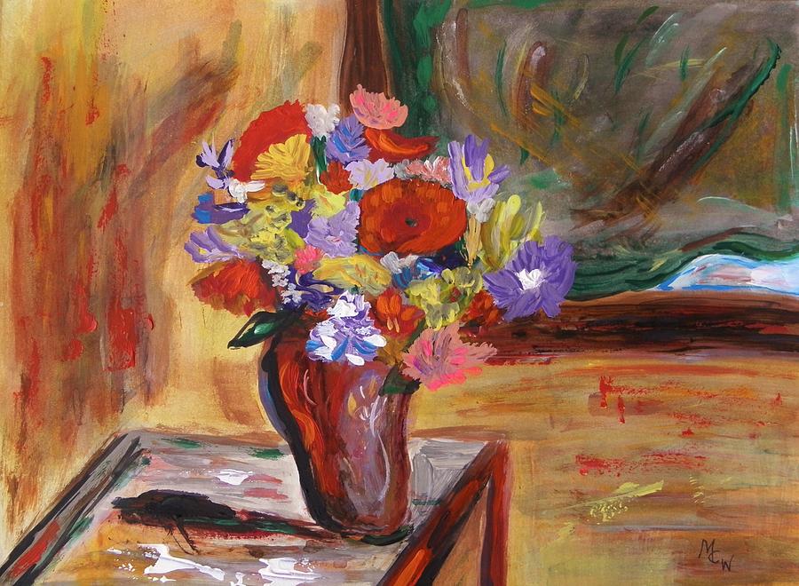 Flowers on the Table by Green Shaded Windows Painting by Mary Carol Williams
