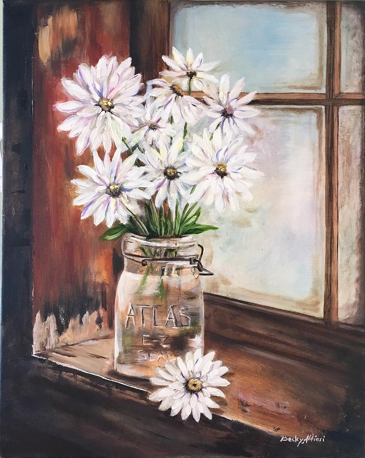 Flowers On Windowsill Painting By Rebecca Kay Altieri