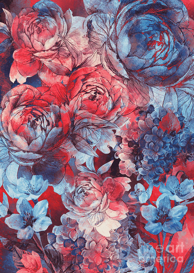 Flowers Red And Blue Pattern Digital Art