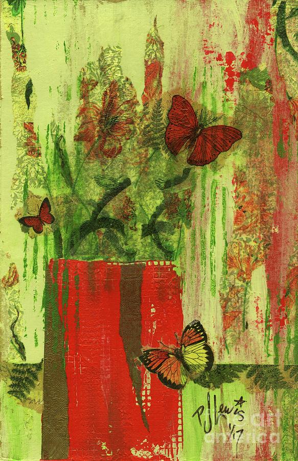 Flowers,Butteriflies, and Vase Mixed Media by PJ Lewis