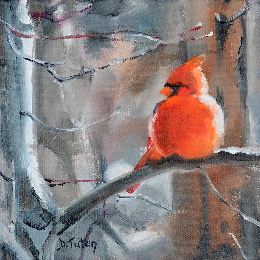 Fluffy Little Cardinal in Winter Painting by Donna Tuten