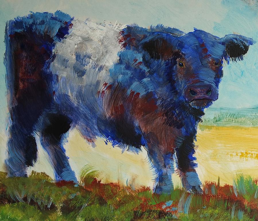 Fluffy Shaggy Belted Galloway Cow - Cow with a white stripe Painting by Mike Jory