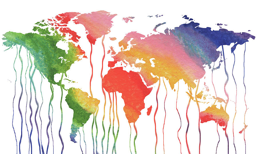 Fluid Rainbow Watercolor World Map Painting by Irina Sztukowski