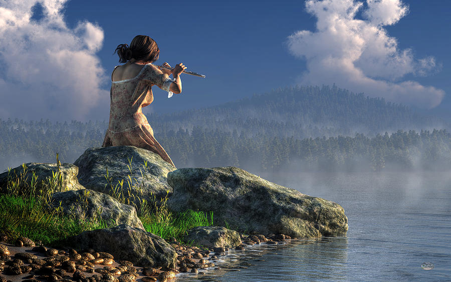 Music Digital Art - Flutist on the Lake by Daniel Eskridge