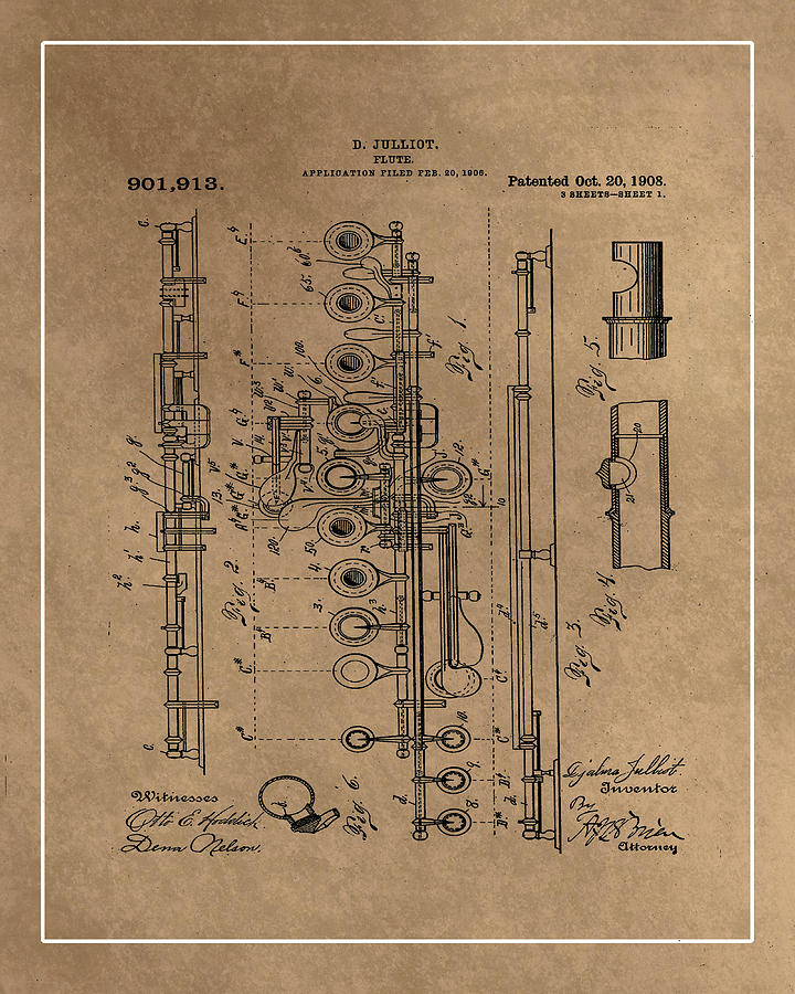 Flute Patent Drawing 1b Mixed Media by Brian Reaves