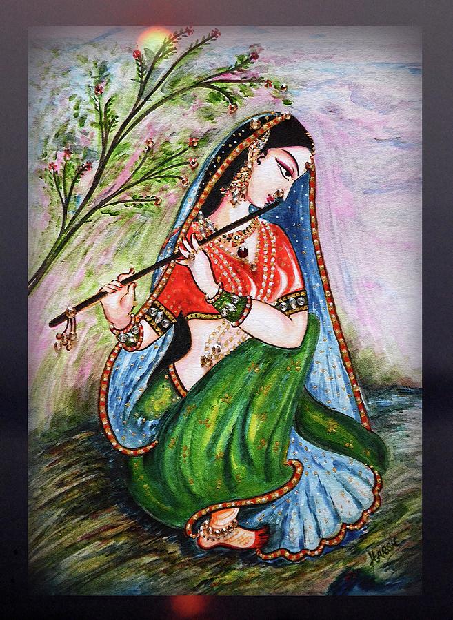 Flute playing in - Krishna Devotion  Painting by Harsh Malik