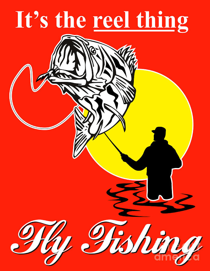 Bass Digital Art - Fly Fisherman catching largemouth bass by Aloysius Patrimonio