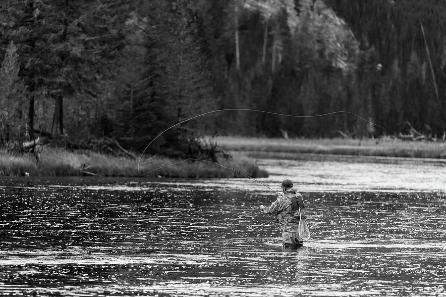 Yellowstone National Park Photograph - Fly Fishing Yellowstone WY B W by Steve Gadomski